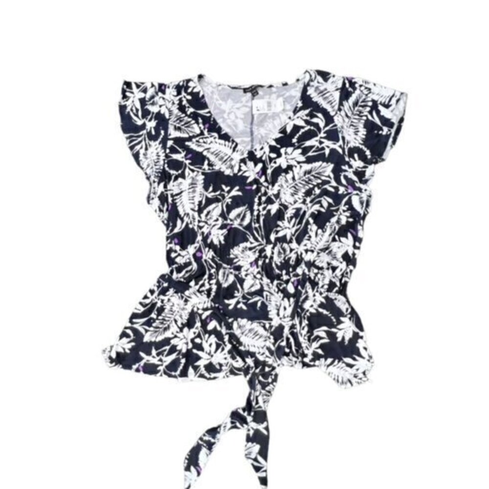 Lane Bryant Flutter Sleeve Belted Top Floral Navy White Purple Size‎ 22/24 NWT